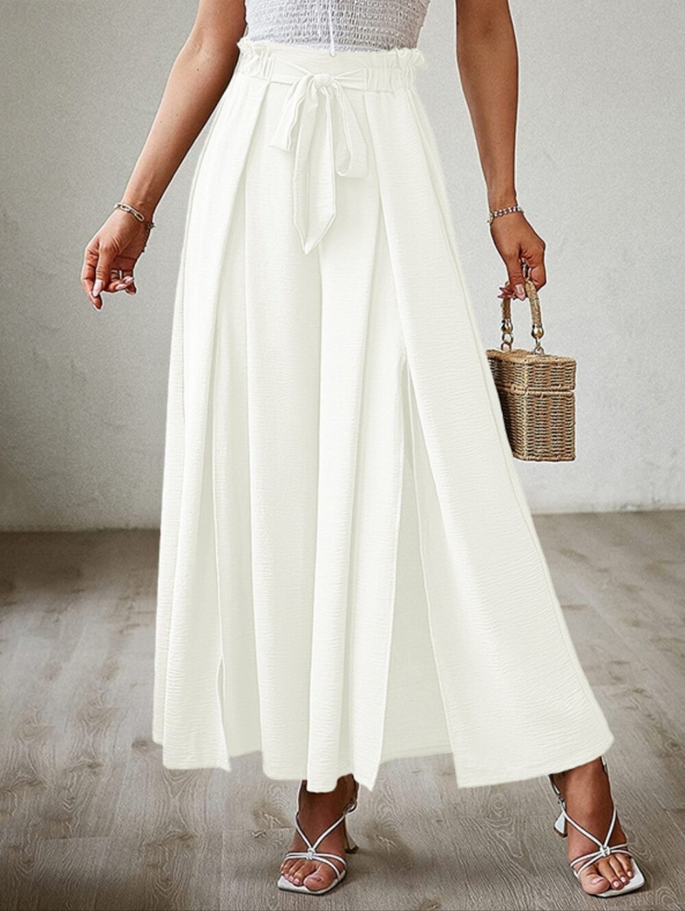 Women’s Ivory High-Waist Wide Leg Pants with Tie Waist